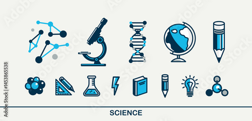 Science vector detailed icons set, school and university education bundle, scientific study and research, physics and chemistry.