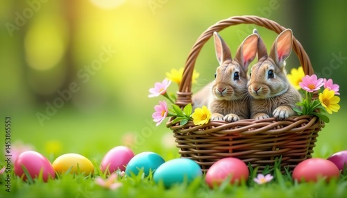 Two bunnies peek from Easter baskets overflowing with colorful eggs and spring flowers , holiday, spring, sweet