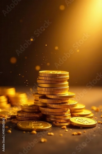Tower of gold coins, soft glow, opulent backdrop , shiny, tower
