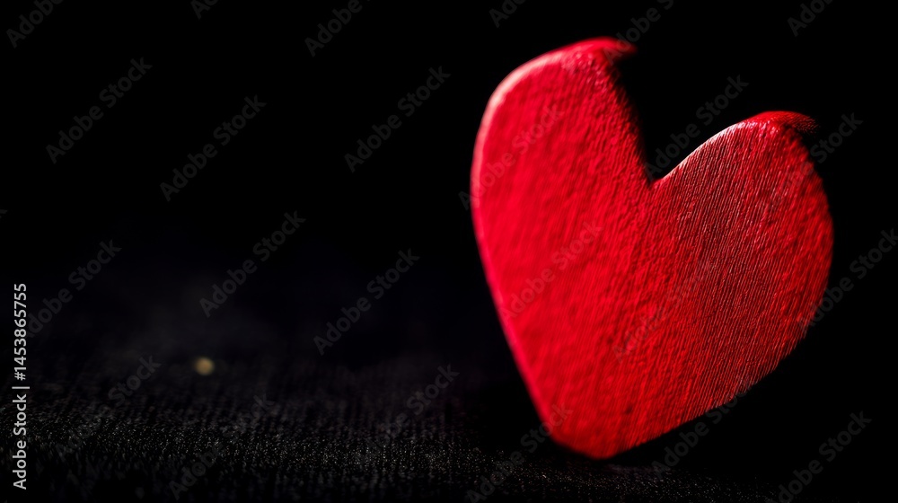 Fototapeta premium Red heart shape on black background, soft ambient lighting, f/2.8, minimalistic and emotional composition.