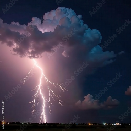 Violent storm clouds, jagged lightning bolts illuminating tempest, dramatic sky, weather phenomenon