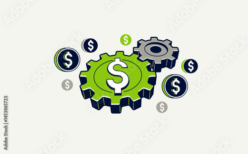 Money works concept vector icon, finances with gears mechanism, business and economic system.