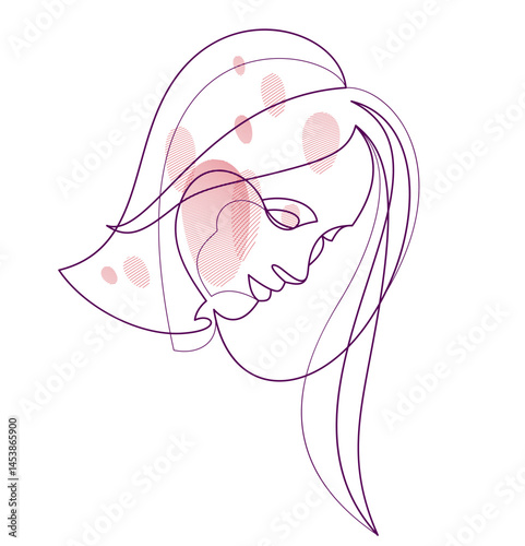 Beautiful face of attractive woman vector linear drawing, sensitive emotional line art adult girl portrait, feminine abstract face line art.