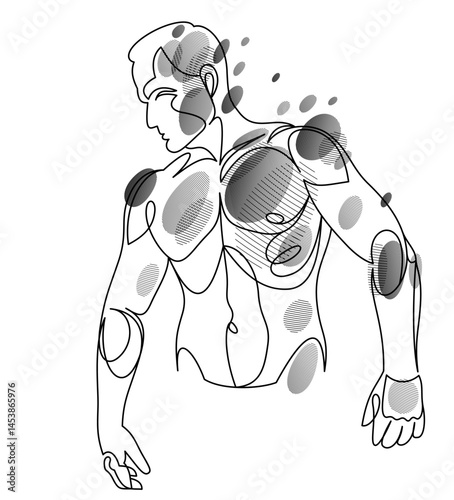 Linear drawing of a perfect body fit model man posing vector illustration isolated, muscular macho sexy guy with naked torso topless.