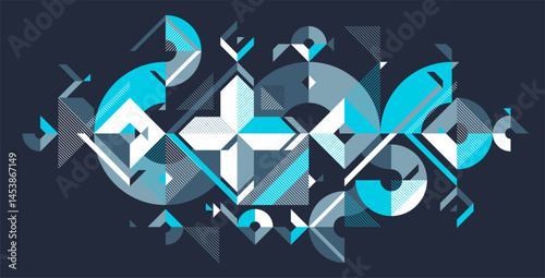 Abstract geometric vector background, artistic wallpaper composition over dark, abstraction art in style of Bauhaus, modern style design.