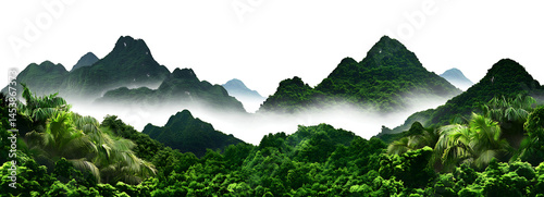 Lush green mountain landscape on transparent background with foggy valley
