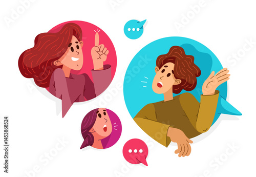 Team of young people having a discussion or brainstorm online, vector illustration of internet seminar webinar with a coach, or leader with team of employees having work communication.