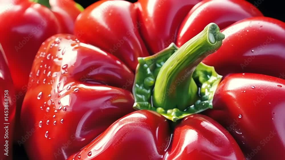 Close Up of Vibrant Red Bell Peppers with Water Droplets and Fresh Green Stem