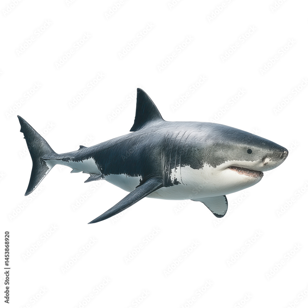 Fototapeta premium Majestic White Shark in the Deep Blue Ocean. Powerful Predator of the Marine World , isolated on white background PNG