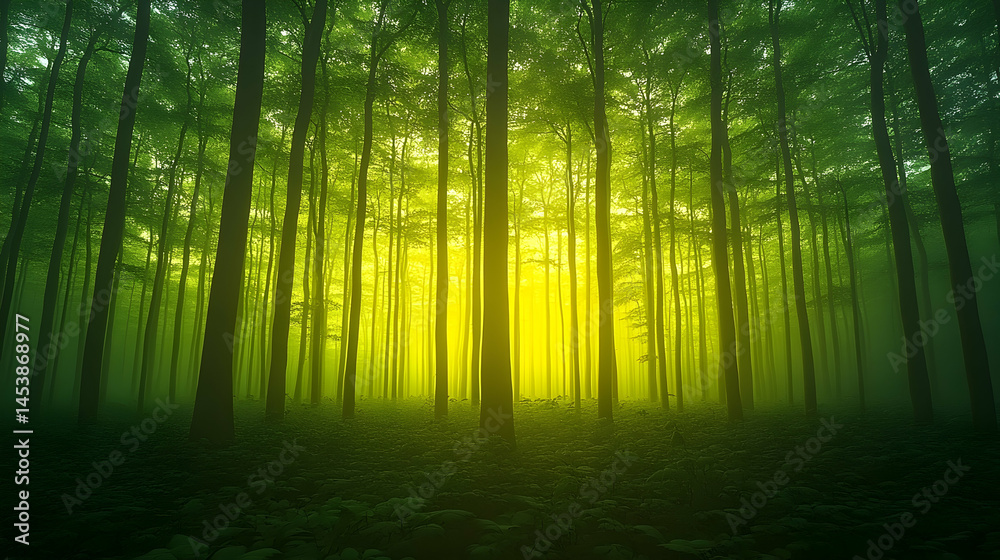 Fototapeta premium A misty forest with tall trees and a bright yellow light shining through