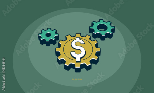Economic system concept poster, gears with dollar sign vector icon style illustration, economical processes metaphor, money circulation, business.