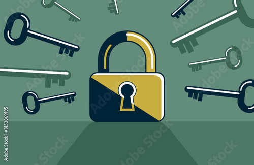 Lock with key concept poster, padlock security vector icon style illustration, locked and secured, safe account metaphor, privacy.