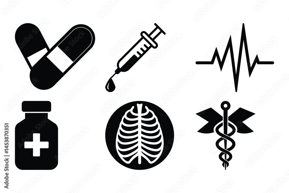 Fototapeta premium Medical Icons Healthcare Symbols, Pills, Syringe, ECG, Medicine Bottle, Ribcage, Caduceus