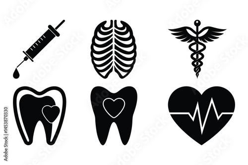 Medical Icons Healthcare Symbols,  Illustrations of Syringe, Heart, Teeth, Ribs and Caduceus