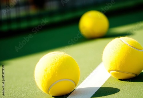 Two bright yellow tennis balls on a green court, leisure, balls