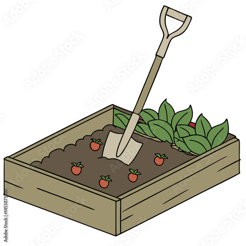 Garden Bed with Shovel and Growing Strawberries in a Wooden Box