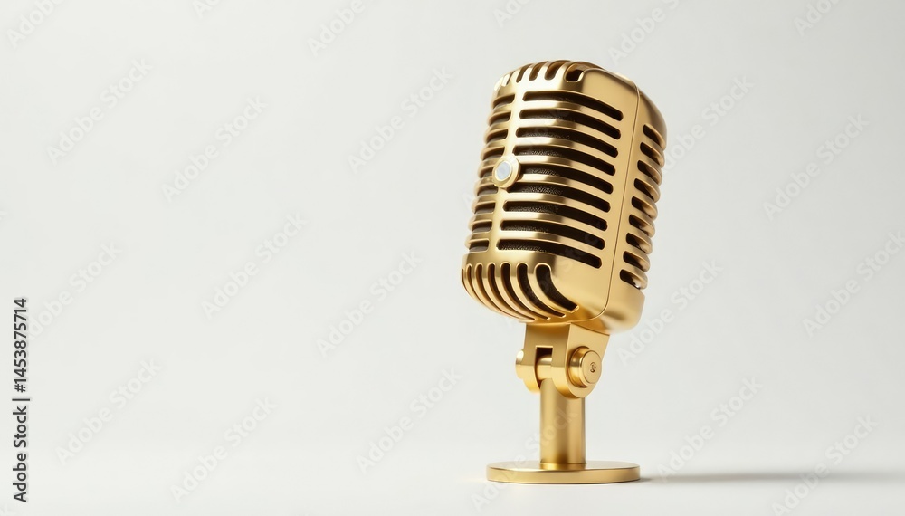 Fototapeta premium Close-up shot of a single gold microphone on white background, metal, rhythm, luxury