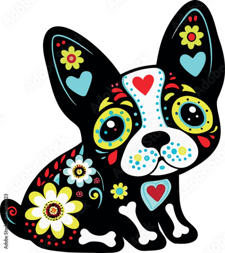 cute cartoon french bulldog day of the dead style vector illustration