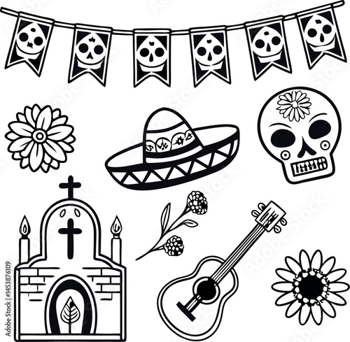 day of the dead icons sugar skulls marigolds ca vector illustration