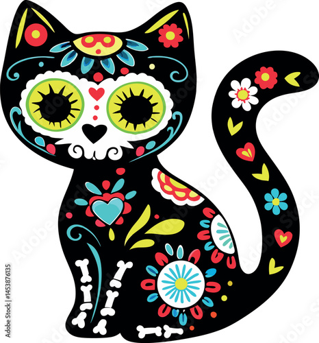 day of the dead cat sugar skull feline colorful vector illustration