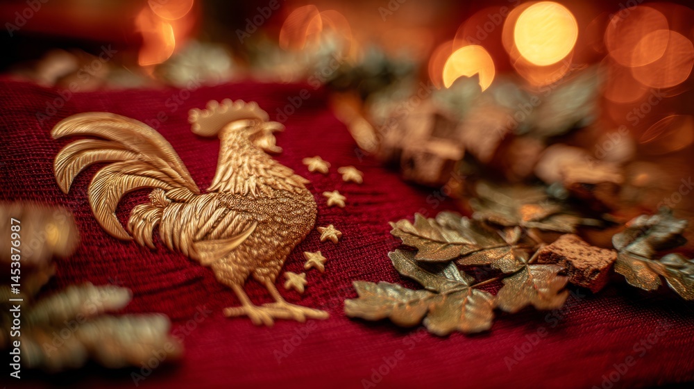Obraz premium Golden Portuguese rooster emblem on red velvet with laurel leaves and cork accents, symbolizing national pride and festive tradition.