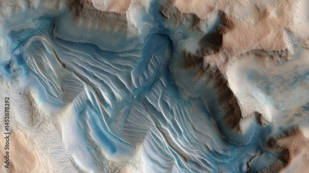 Fototapeta premium Layered sedimentary rocks in a Martian canyon with water ripple patterns, revealing ancient habitable planet evidence