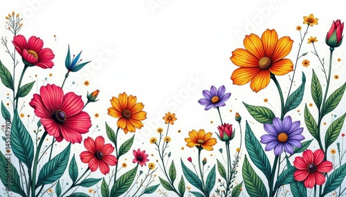 Intricate line art wildflowers, vines & stems, continuous design, black and white, monochrome