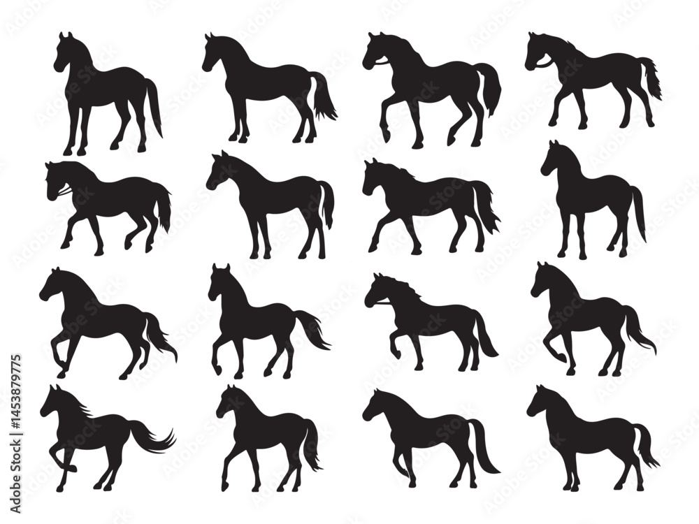 Obraz premium Set of black running horse silhouettes
