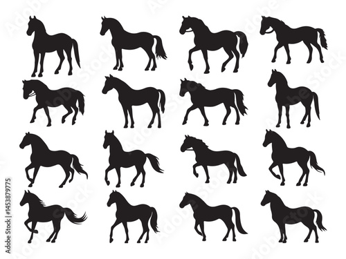 Set of black running horse silhouettes