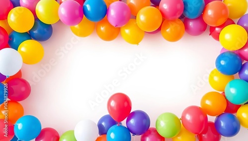 Vibrant balloons forming a colorful frame against a white background, rainbow, abstract photo