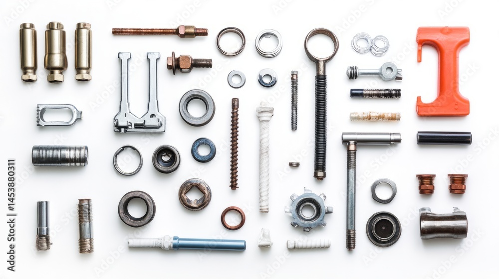 Plumbing components arranged neatly, 45-degree overhead view, soft studio lighting Plumbing components arranged neatly, 45-degree overhead view, soft studio lighting