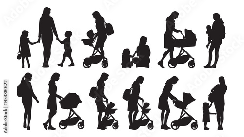 A set of vector silhouettes showing various heartwarming interactions between mothers and their children.