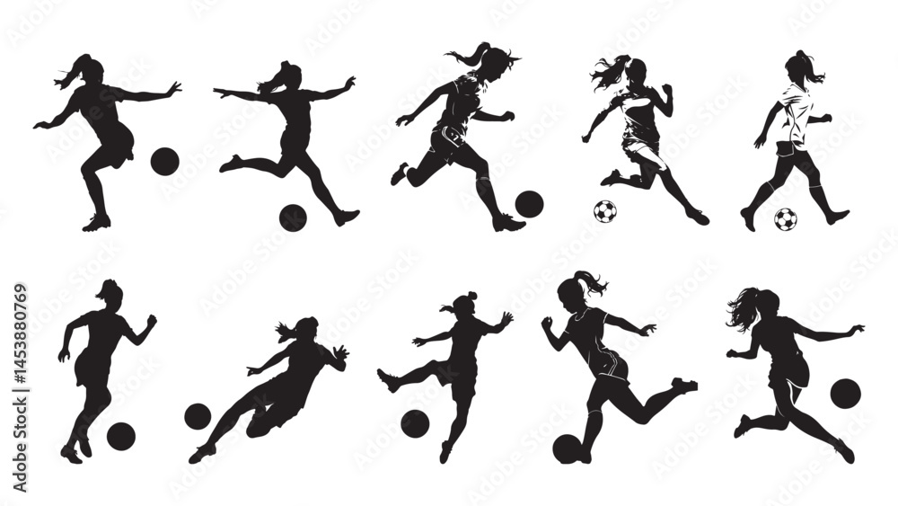 custom made wallpaper toronto digitalset of silhouettes of female soccer in action. Silhouettes of sport people vector illustration shows action with a soccer ball