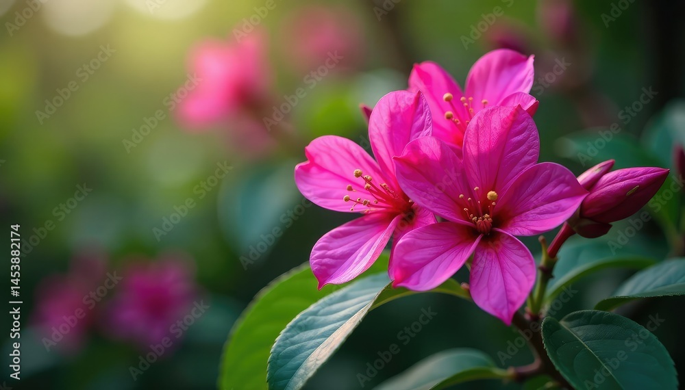 Fototapeta premium Vibrant fuchsia blossoms, intricate leaf details, vintage, bloom