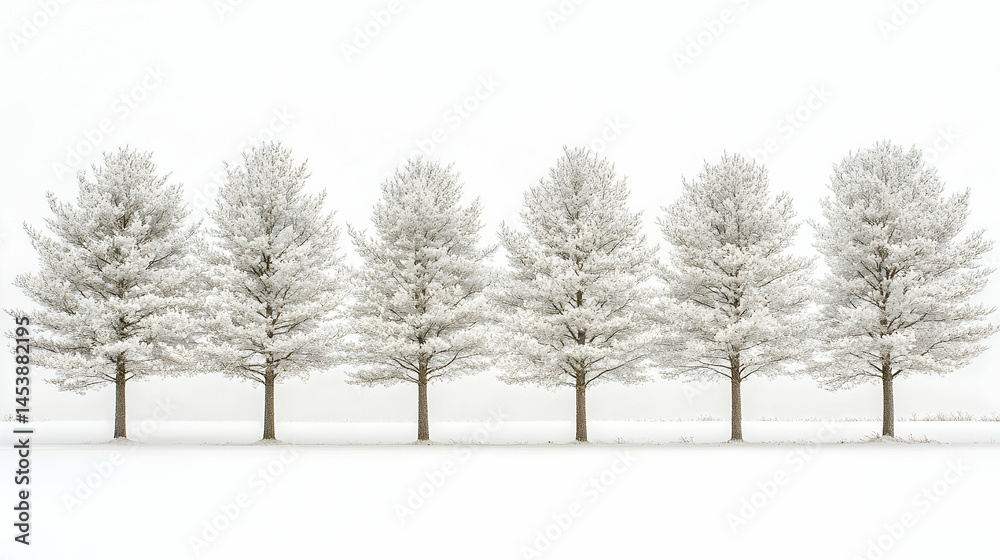 Fototapeta premium Six snow-covered trees stand in a row against a white, foggy background