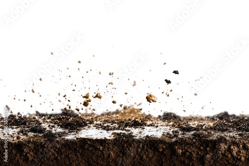 Wet mud, stains and water droplets texture with dry dirt flying in air, isolated on white background