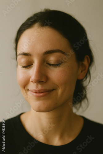 Peaceful woman portrait with closed eyes reflecting warm memories