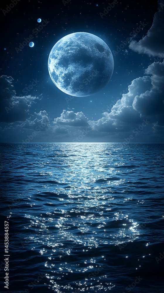 Fototapeta premium A large, blue moon hangs in the night sky over a calm, dark ocean. The moon's reflection shimmers on the water's surface, surrounded by wispy clouds