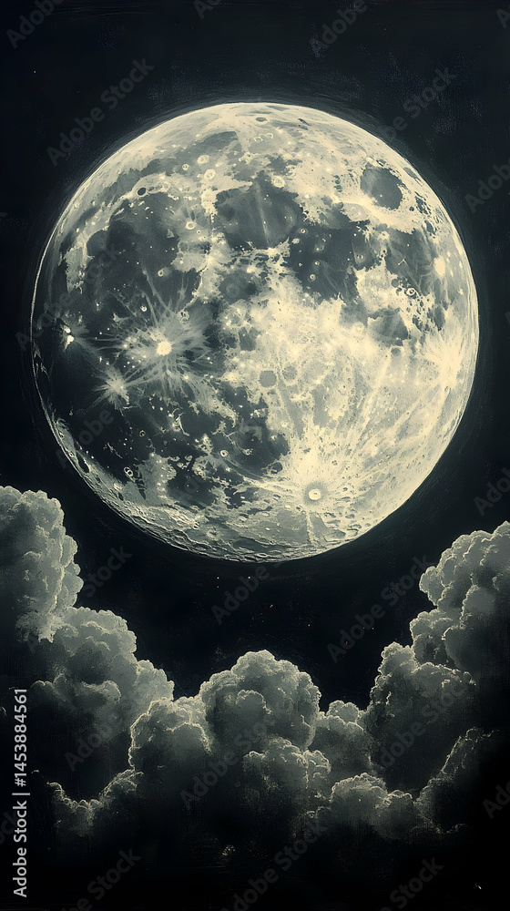 Obraz premium A large detailed moon hangs in a dark night sky partially obscured by fluffy clouds at the bottom The moons surface