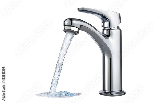 Modern chrome water faucet with running water isolated on transparent background
