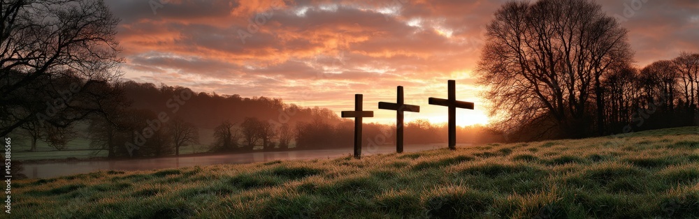 Sunrise over three crosses in a serene landscape Sunrise over three crosses in a serene landscape