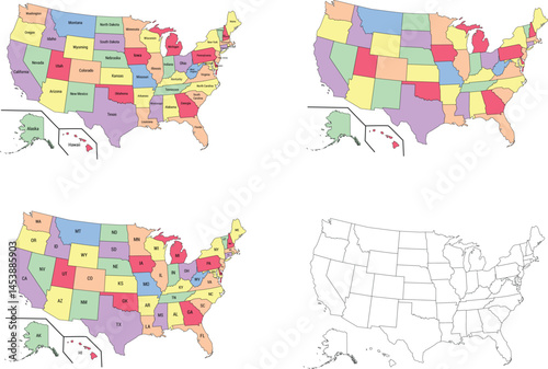 Map of USA with states names in short.US map states outline.American map without states name.(Editable text and stroke)