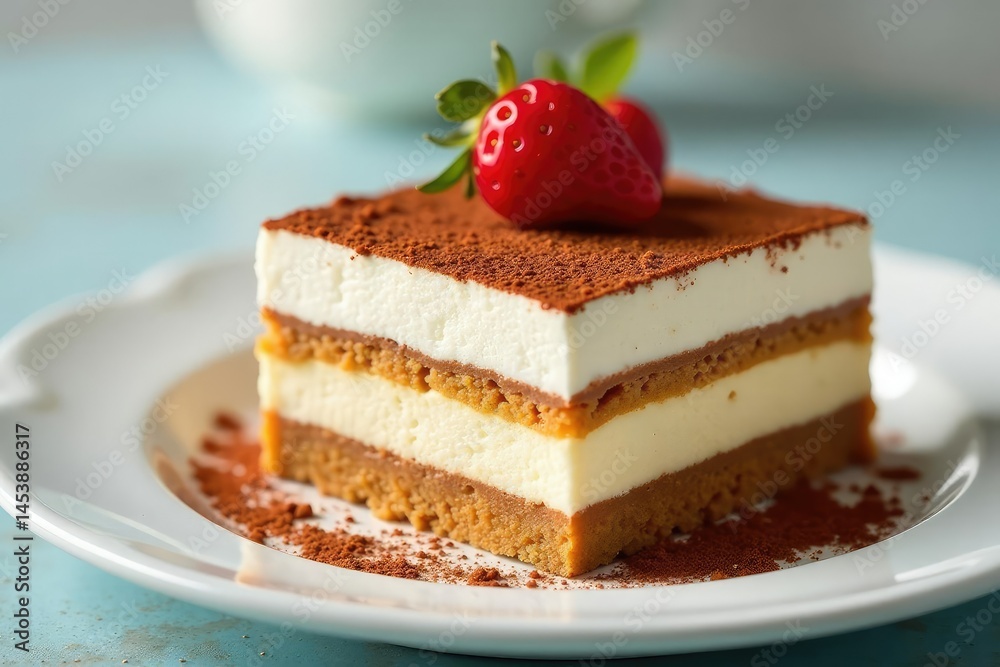 Close-up of a single serving of tiramisu, showing texture and detail , ladyfingers biscuits, studio shot Close-up of a single serving of tiramisu, showing texture and detail , ladyfingers biscuits, studio shot