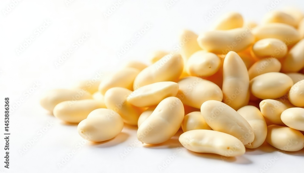 Close-up of dried white beans against white backdrop, macro photography, haricot, beans Close-up of dried white beans against white backdrop, macro photography, haricot, beans