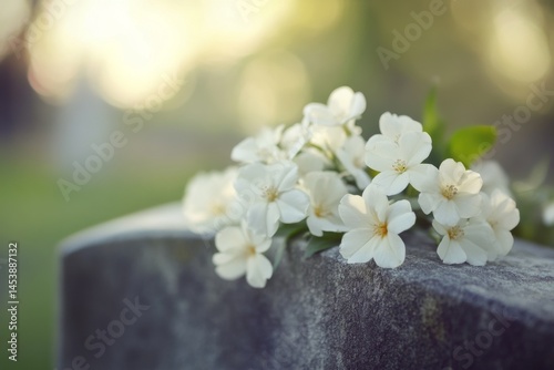 White flowers gently placed on a grave marker in a cemetery  