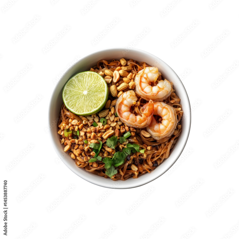 Delicious Pad Thai with Shrimp, Peanuts, and Lime Wedge in White Bowl - Overhead View Delicious Pad Thai with Shrimp, Peanuts, and Lime Wedge in White Bowl - Overhead View