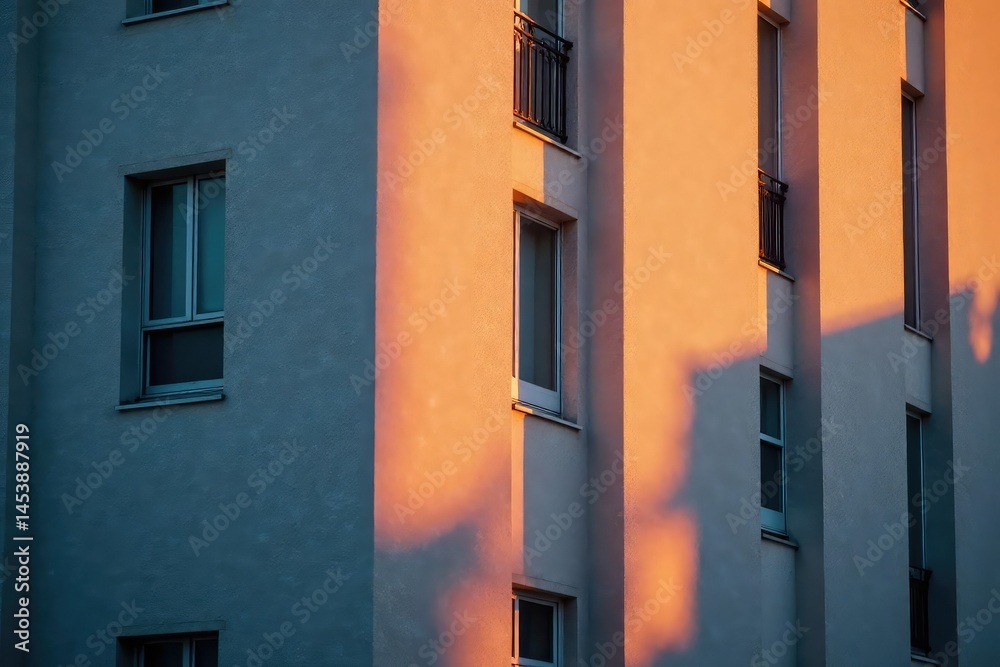 Geometric shapes formed by late evening shadows on a building facade, geometric, pattern Geometric shapes formed by late evening shadows on a building facade, geometric, pattern