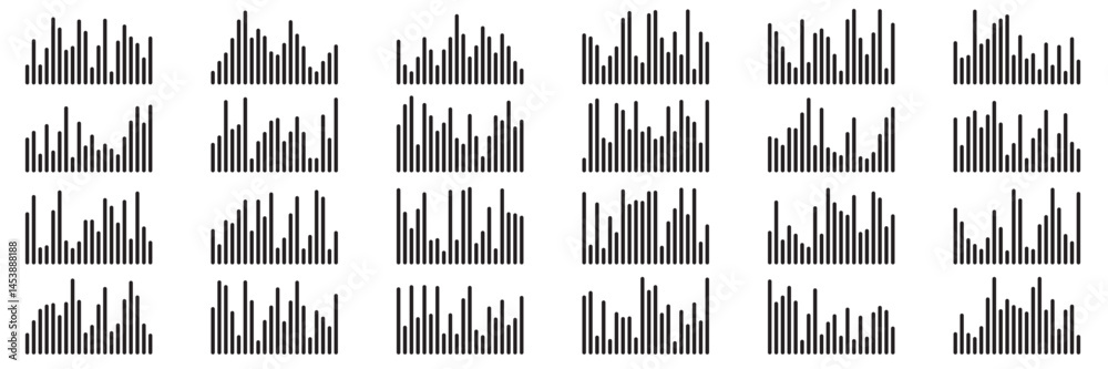 Sound waves set. Music audio frequency, voice waveform, electronic radio signal, volume level, track symbol. Various noise pulses black lines isolated on transparent. Abstract vector background. Sound waves set. Music audio frequency, voice waveform, electronic radio signal, volume level, track symbol. Various noise pulses black lines isolated on transparent. Abstract vector background.