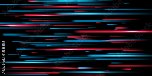 Speed light background. Color neon spark rays on black. Futuristic shiny pattern with bright red and blue flares on dark. Modern technology vector illustration.