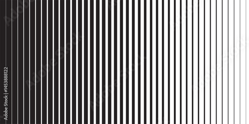 Black and white striped halftone gradient lines texture. Fading vertical stripes gradation background from thin to thick. Halftone parallel lines pattern. Vector illustration.